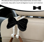 2PCS Bow Pearl Car Seat Headrest Hook, Cute Vehicle Seat Hangers Storage Organizer for Handbag Purse Coat, Auto Interior Headrest Decorative Hook, Universal for SUV RV Truck (Black)
