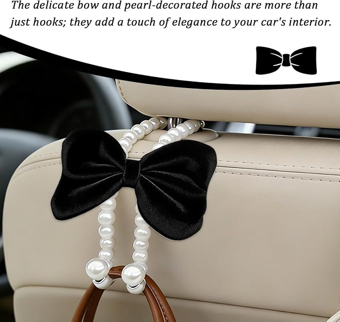 2PCS Bow Pearl Car Seat Headrest Hook, Cute Vehicle Seat Hangers Storage Organizer for Handbag Purse Coat, Auto Interior Headrest Decorative Hook, Universal for SUV RV Truck (Black)