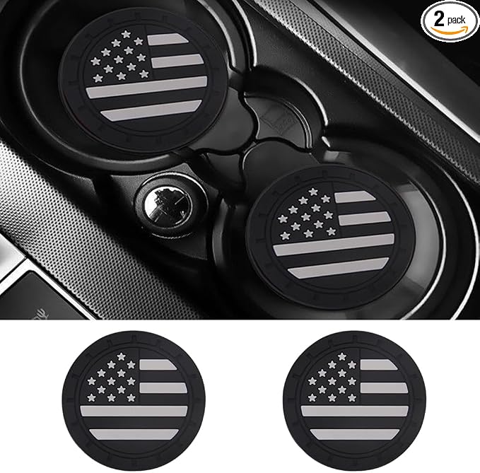 2 Pack Car Cup Holder Coaster, 2.75 Inch American Flag Soft Rubber Pad Set Round Auto Cup Holder Insert Drink Coaster Car Interior Accessories (Black White)