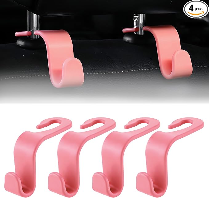 Purse Hook for Car, 4 PCS Car Purse Hook Headrest Hooks, 360° Rotatable Back Seat Storage Organizer, Universal Vehicle Seat Hanger for Purses, Handbags, Grocery Bags, Water Bottles, Pink