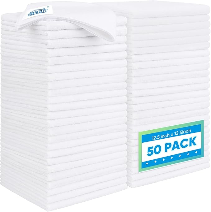 White Microfiber Cleaning Cloth 50 Pack, 12.5 x 12.5 inch Microfiber Towels for Cars, Ultra Absorbent Car Washing Cloth, Lint Free Streak Free Cleaning Rags for Car, Kitchen, and Window