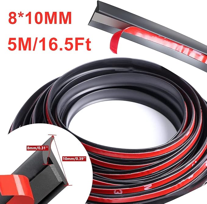 5M/16.5Ft Universal Self Adhesive Auto Rubber Weather Draft Seal Strip, Car Windshield Edge Moulding Sealing Strip Soundproof T-Type Rubber Edge Protector Trim, Black (8x10mm/0.31' x0.39'')