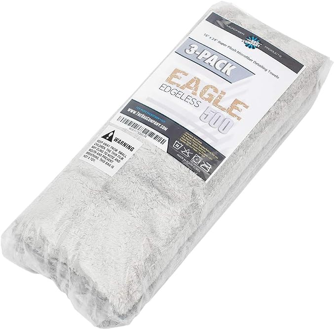 Eagle Edgeless 500 (3-Pack) Professional Korean 70/30 Blend Super Plush Microfiber Detailing Towels, 500GSM, 16in x 24in, Ice Grey