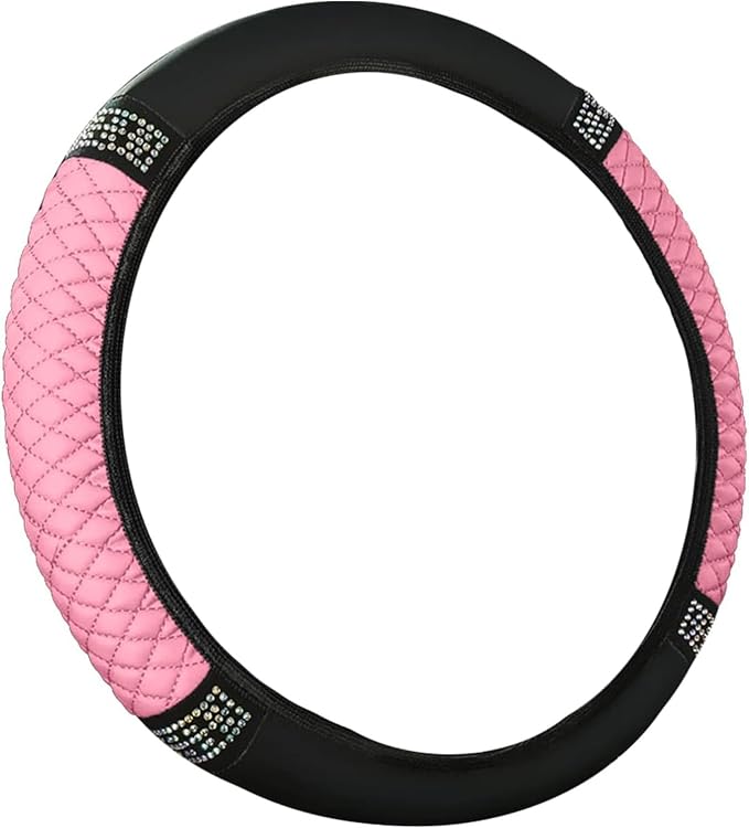 Bling Car Steering Wheel Cover, 15 Inch Rhinestones Soft Leather Elastic Steering Wheel Protector, Sparkly Crystal Diamond for Women, Car Interior Accessories for Most Cars (Pink)