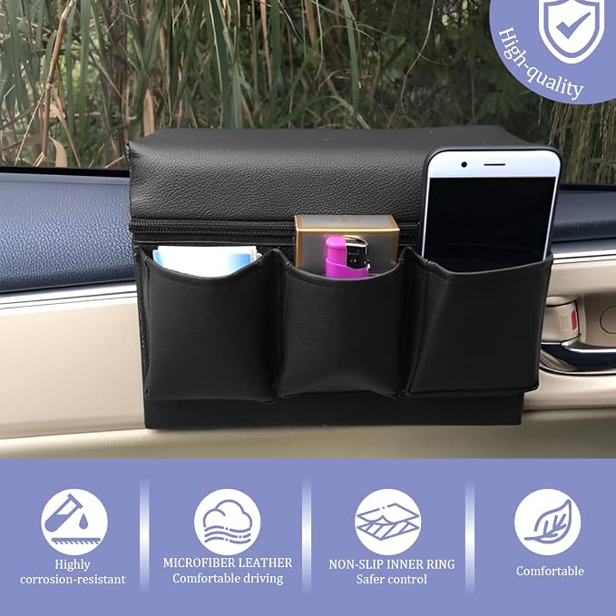 Car Window Armrest Storage Box, Multifunctional Leather Door Side Organizer with Pockets, Comfortable Automotive Interior Arm Elbow Rest Pad Storage Bag, Universal for Vehicles (Black)