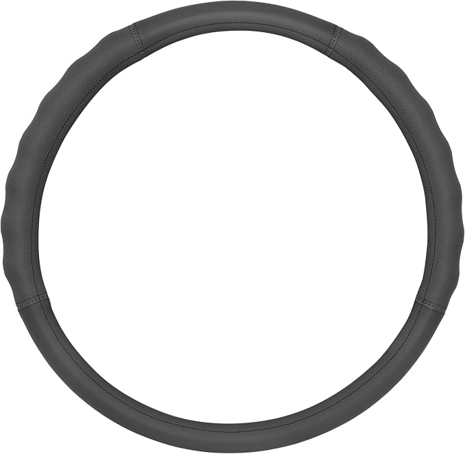 Soft Touch Leather Gray Steering Wheel Cover with Grooves, Advanced Traction Universal Fit for Standard Sizes 14.5 15 15.5 inches