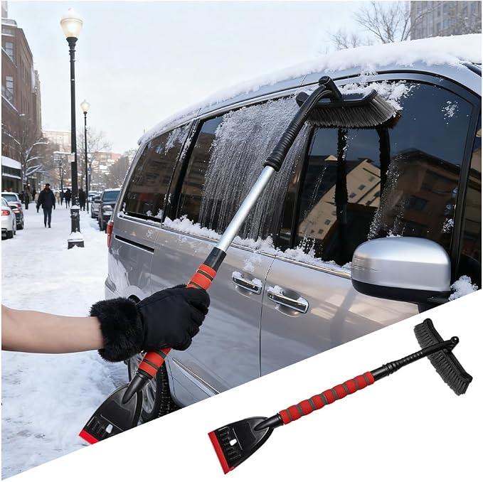 Car Snow Brush and Ice Scraper, 2 in 1 Detachable Aluminum Vehicle Snow Removal Tool with Ergonomic Foam Grip for Windshield, Automotive Ice Shovel Tool Accessories, Universal Fit (Red/Gray)