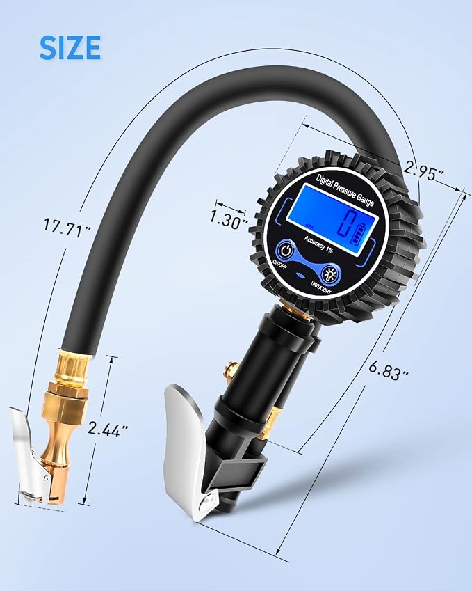 50057A Digital Tire Inflator Deflator with Pressure Gauge 250 PSI Air Chuck and Compressor Accessories with Rubber Hose and Quick Connect Coupler for 0.1 Display Resolution