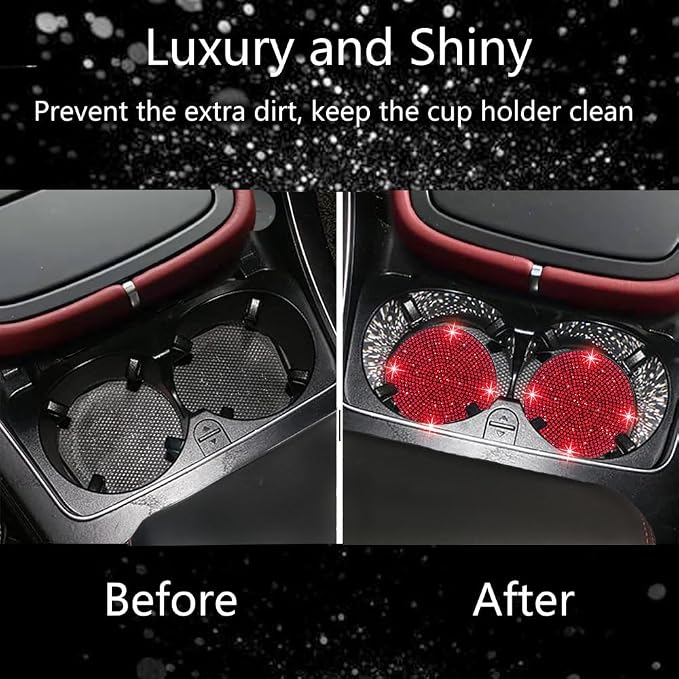 4pcs Bling Car Cup Holder Coaster, 2.75 inch Anti-Slip Shockproof Universal Fashion Car Coasters Insert Bling Crystal Rhinestone Automotive Interior Accessories for Women (4 pcs, Red)