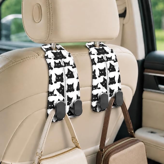 Cute Black Cat Car Seat Back Storage Headrest Hooks for Purses & Bags – 2PCS PU Leather Dual Metal Hooks, Backseat Organizer Accessories