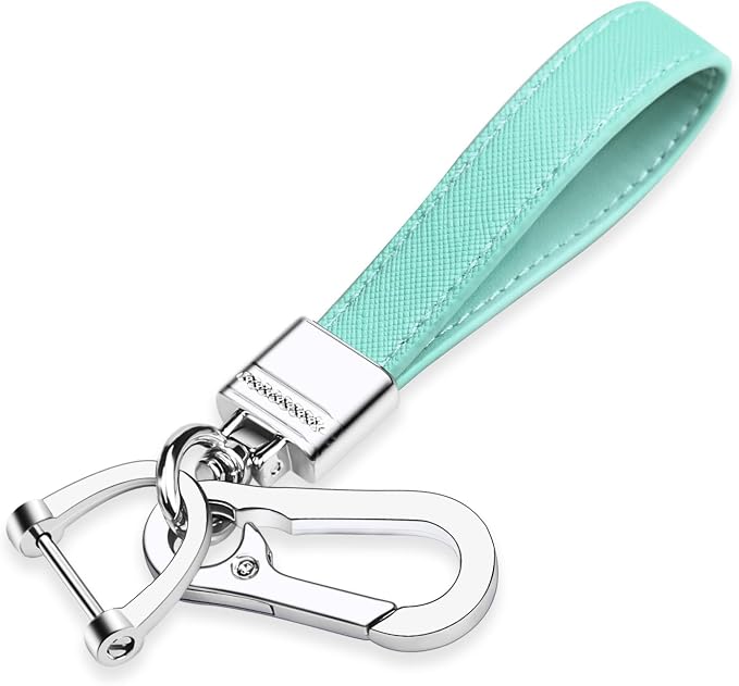 Genuine Leather Car Keychain,Universal Heavy Duty Metal Key Chain Accessories,Car Fob Key Keychain Holder with 360 Degree Rotatable Snap Swivel and Anti-Lost D-Ring for Men Women(Mint Green)
