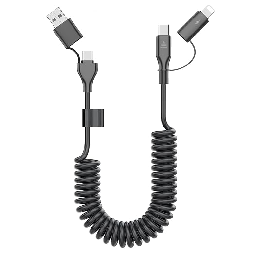 Coiled USB-C and Lightning Cable 2-in-1, 3FT iPhone 17 16 Car Charger Cord, 60W Fast Charging Cable for iPhone 15, Samsung Galaxy Supports Apple CarPlay & Android Auto
