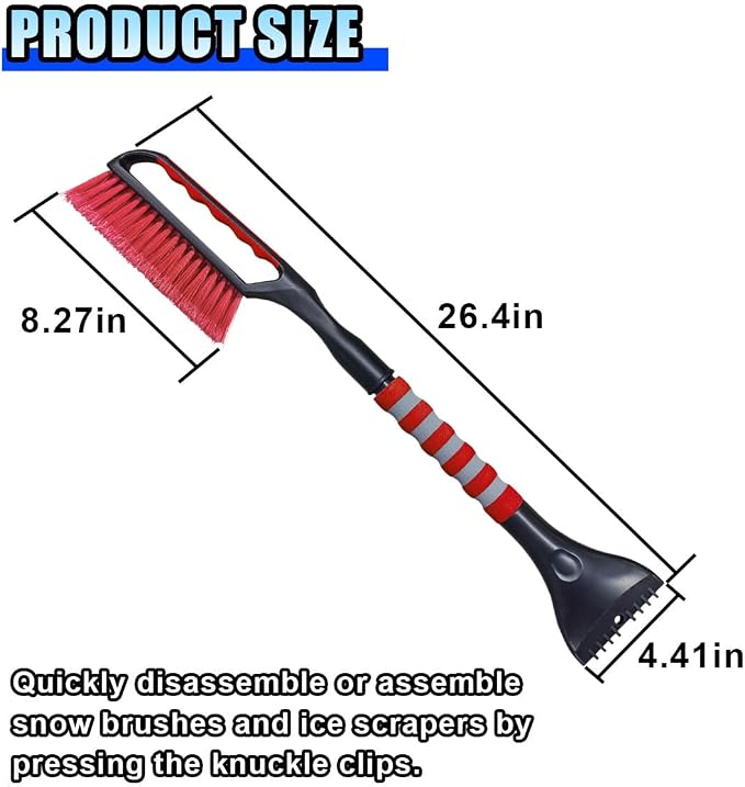 26.4" Ice Scraper and Snow Brush for Car Windshield, 2 in 1 Winter Detachable Window Deicer with Foam Grip, Snow and Ice Removal Tool Accessories for Car, SUV, Truck (Red)