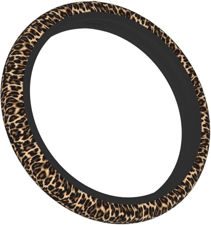 Cheetah Brown Leopard Pattern Black Hunting Steering Wheel Cover Car Accessories Cute for Women Girls Girly Universal 15 Inch Neoprene Auto Interior Decor Anti Slip Car Truck Protector