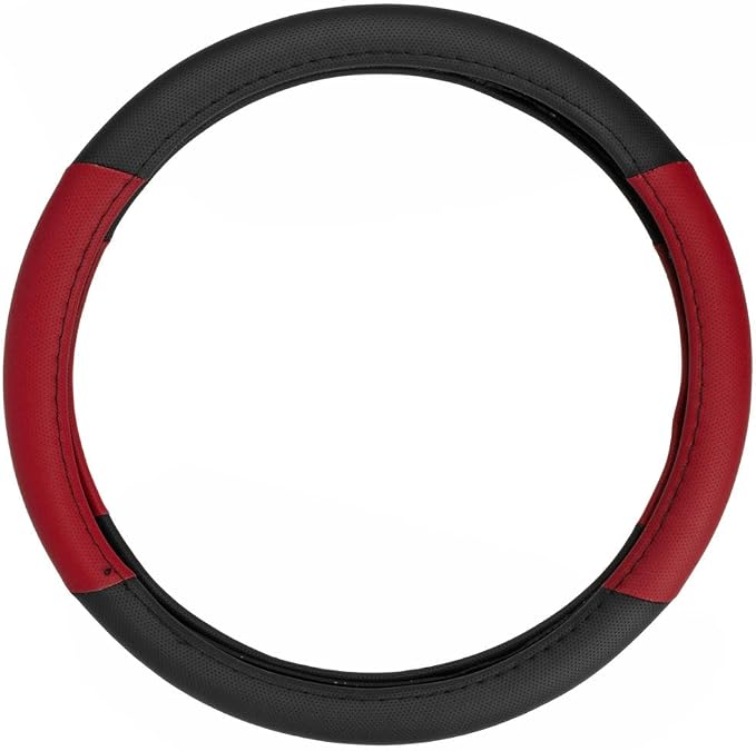 Sporty Two Tone Ergonomic Grip Steering Wheel Cover - Plush Leather Grip for Standard Size Wheels 14.5-15 inch Red/Black