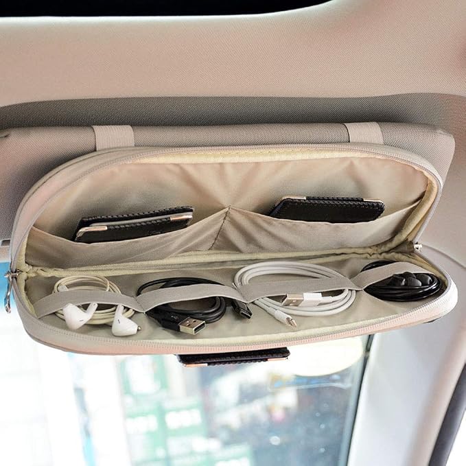 Car Sun Visor Organizer, Multi-Pocket Visor Organizer Storage Pouch for Cars, SUVs & Trucks with Double Zippers, Elastic Bands & Glasses Clip- Organizes Essentials Keep Tidy (Beige Light Yellow)
