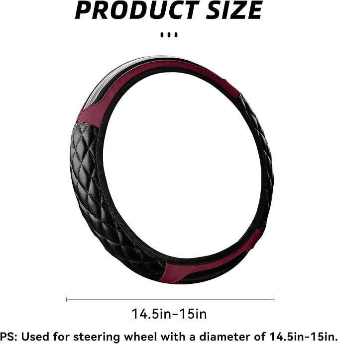Car Steering Wheel Cover, 14.5-15inch Leather Anti-Slip Car Wheel Cover Protector, Safety Comfortable Desgin, Universal Auto Steering Wheels Accessories for Cars Truck SUV (Wine Red)