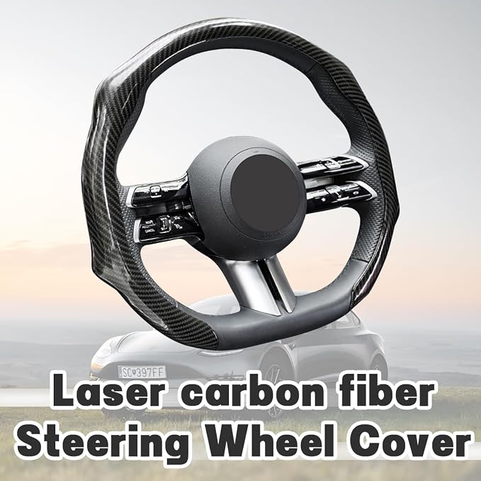 Zpana Carbon Fiber Car Steering Wheel Cover, Leather Non-Slip Vehicle Steering Wheel Cover for 14.5-15 Inch, Comfortable Auto Interior Protector Decoration Accessories, Universal Fit(Black)