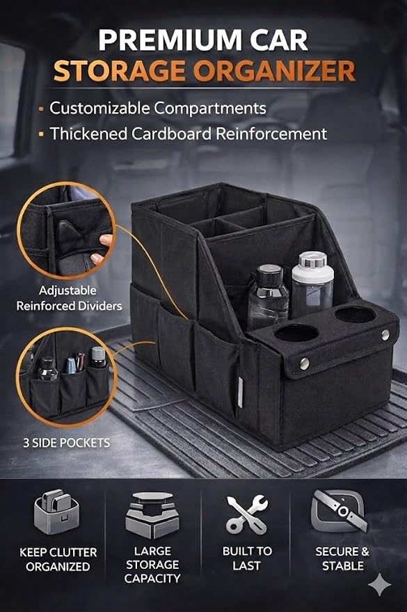 Car Trunk Organizer for SUV with Cup Holder – Foldable Trunk Organizer for Car, Car Organizer for Storage, Durable Car Organizers and Storage, Car Essentials for Easy Car Organization