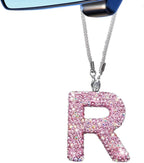 Bling Pink Car Accessories for Women Letter Charm, Rainbow Color Rear View Mirror Cute Crystal Pendant Car Decorations, Lucky Gifts Girly Diamond Rhinestone Charm Letter R
