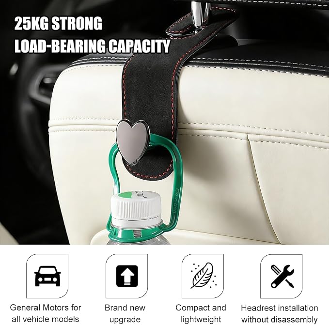 2PCS Car Seat Headrest Hook, Cute Heart Vehicle Backseat Purse Bag Hanger Organizer, Auto Seat Back Storage Holder for Groceries Coats Umbrellas, Universal for Vehicles (Black)