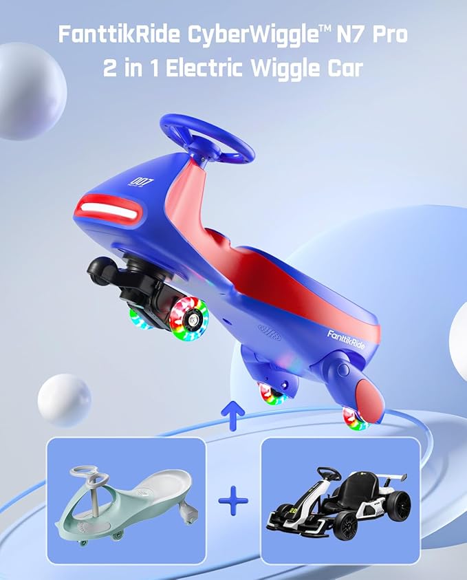 N7 Pro Electric Wiggle Car with Pedal, Rechargeable Battery, CyberWiggle, 2 in 1 Swing Car, 2 Speeds Max 4 Mph, Anti-Rollover, Flashing Wheels, Bluetooth, Ages 3+, 150 Lbs, Blue