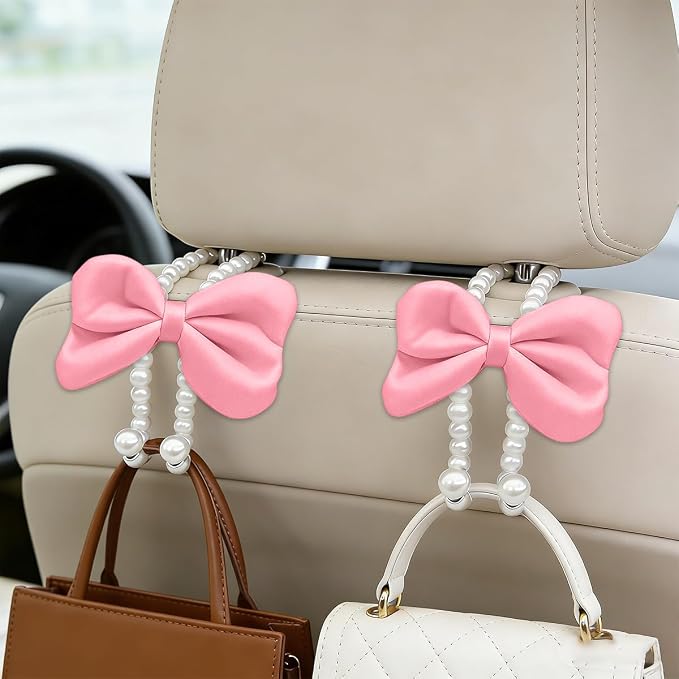 2PCS Bow Pearl Car Seat Headrest Hook, Cute Vehicle Seat Hangers Storage Organizer for Handbag Purse Coat, Auto Interior Headrest Decorative Hook, Universal for SUV RV Truck (Pink)