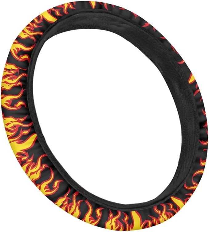 Flames Pattern Car Steering Wheel Covers Sweat Anti-Slip Soft Grip Universal 14-15 inch Stretch-on Fabric Steering Wheel Protector Fits Sedans SUV Vans Trucks Red