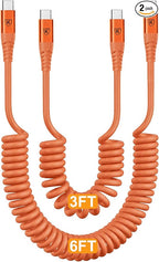 USB C to C Cable [3FT+6FT], 2Pack Coiled USB C Fast Charging Cable for CarPlay, iPhone USB-C Cable/Android Auto USB C Cord USB Type-C Cable for iPhone 17/16/15/Pro Max/Galaxy S26 S25 and More-Orange