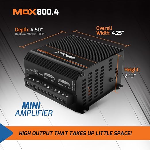 MDX800.4 2 Ohm Mini 4 Channel Car Audio Amplifier 4 x 200 Watts RMS at 2 Ohm - Compact 800x4 Amp Stereo, 800 Watts RMS, 2 Channel bridgedable, Multichannel Full Range