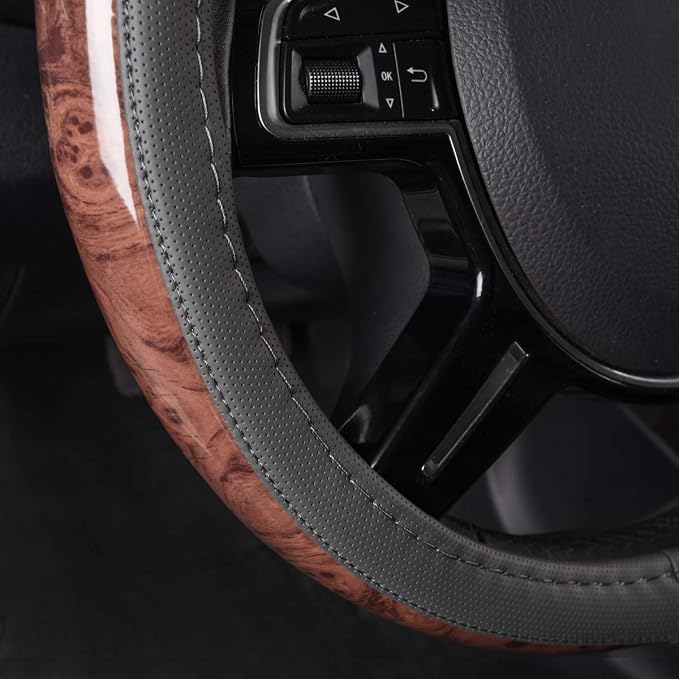 Wood Grain Microfiber Leather Steering Wheel Cover, Universal Fit for 14 1/2-15 inch Gray Steering Wheel, Anti-Slip Veins Design,Cars, Suvs,Minivans, Sedans (Gray)