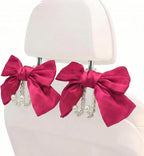 2PCS Satin Bow Pearl Car Seat Headrest Hooks – Car Bag Holder & Vehicle Hanger for Purses – Cute Coquette Aesthetic Interior Decoration – Cute Auto Organizer Accessories Universal (Berry Fuchsia)