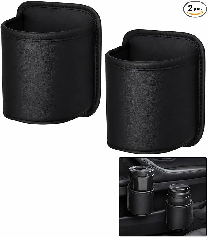 2 Pack Extra Cup Holder for Car, Clip-On Car Door Cup Holder Organizer, PU Leather Car Drink Holder for Small Bottle Coffee Cup Phone Keys Cards, Automotive Seat Pocket Storage, Black