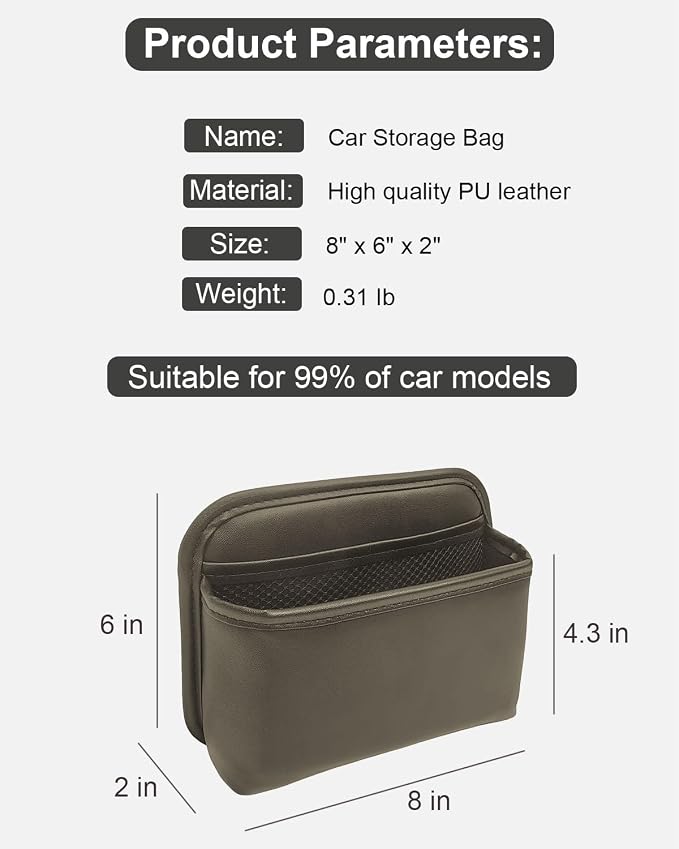 Driver's Car Storage Bag, Small Car Side Pocket Organizer for Car Seats, Doors and Consoles, PU Leather (Brown)