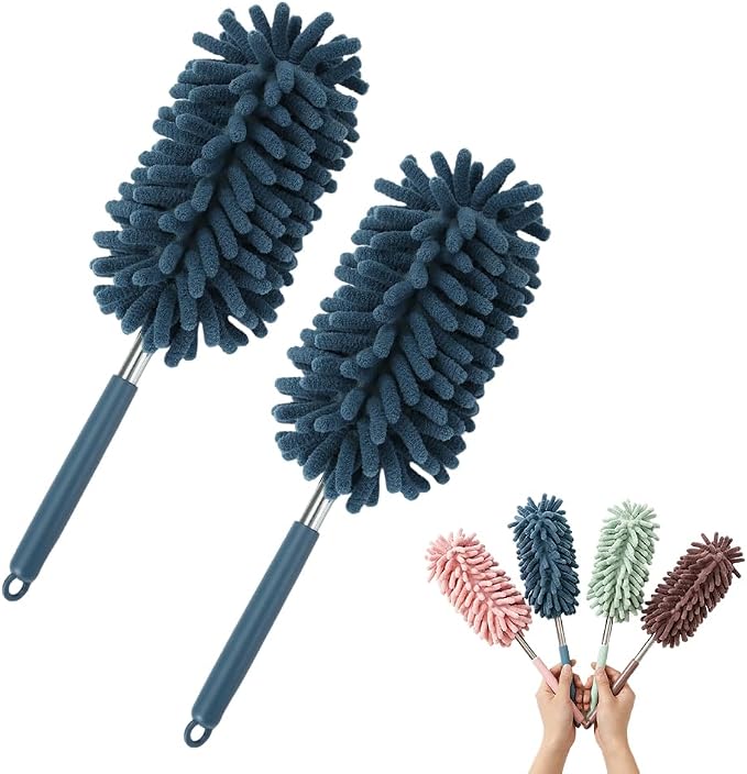 2 PCS Mini Extendable Car Duster Brush,Microfiber Car Duster, Cars Dusters Exterior&Interior Scratch Free, for Cleaning of Vehicle Details, Offices, Windows (Blue)