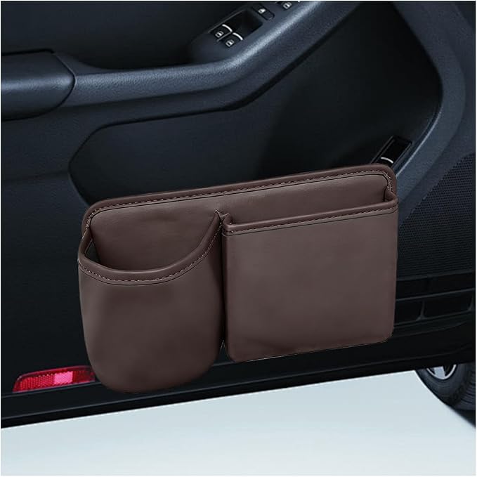 Car Side Door Organizer, Leather Auto Back Seat Storage Pouch with Cup Holder, Car Console Side Trash Can, Universal Vehicle Interior Organizer Pocket for Phone, Coin, Sunglasses (Brown)