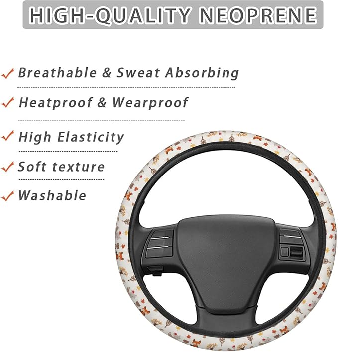 Woodland Animals Steering Wheel Covers Anti-Slip Elasticity Car Accessories Steering Wheel Protector Universal 15 Inch for Cars SUV Vehicle Truck