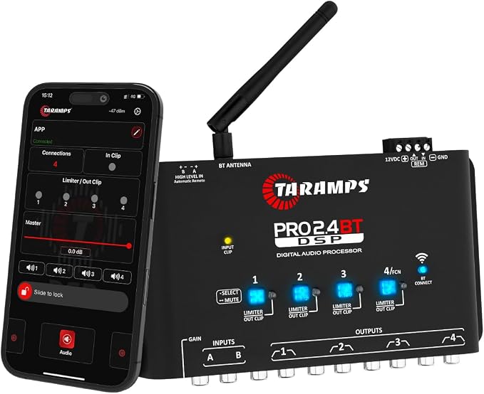 Pro 2.4 BT Bluetooth DSP Crossover Full, Digital Signal Processor, Car Audio Equalizer with App, Gain up to 9V, 15 Band Graphic Equalization, 12 preset EQ, 2 in and 4 Out, High Level Input