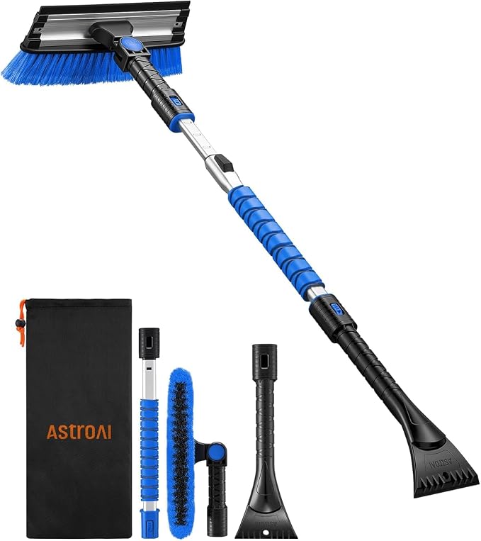 47.2" Ice Scrapers for Car Windshield, 3 in 1 Sturdy Snow Brush with Squeegee, 10 Adjustable Length Settings, Extendable Aluminum Handle, 180° Pivoting Snow Scraper for Car, Truck, SUV(Blue)