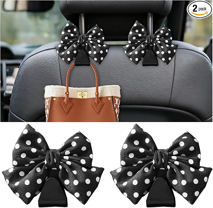 2PCS Car Seat Headrest Hook, Cute Bow Backseat Hanger Holder for Purse Bag Handbag Coat, Auto Interior Seat Back Grocery Storage Organizer Hook, Universal for Vehicles (Black Polka Dots)