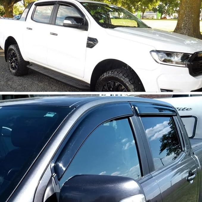 4PCS Outside Mount Side Window Visors Compatible with Ford Ranger SuperCrew 2019-2023, Smoke Tint Tape On Rain Guards Vent Deflectors for Ford Ranger 19-23,no Drill, Easy Installation