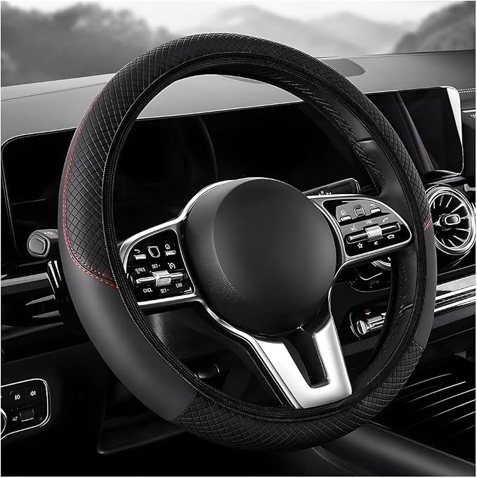 Car Steering Wheel Cover, 15 inch Carbon Fiber Microfiber Leather Elastic Steering Wheel Protector, Breathable Anti-Slip Comfortable Steering Wheel Covers for Most Cars (Black, AD)