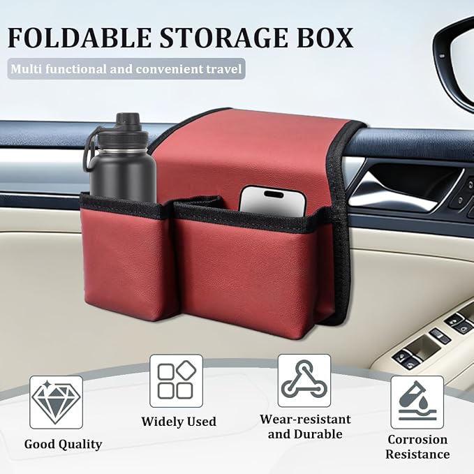 Car Window Armrest Storage Box, Comfortable Leather Vehicle Door Side Arm Rest Pad Organizer Bag, Multifunctional Automotive Window Armrest Storage Pocket, Universal for SUV Van Truck (Red)