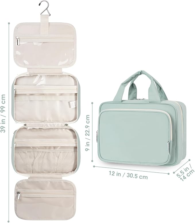 Travel Toiletry Bag for Women Large Hanging Makeup Bag Organizer Toiletries Bag for Full Size Essentials Accessories Cosmetics (Mint Green (Large))