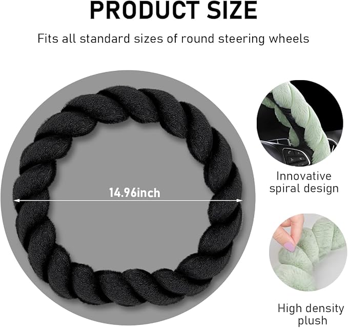 Fluffy Car Steering Wheel Cover, 15 Inches Anti-Slip Round Fuzzy Winter Steering Wheel Protector, Soft Warm Plush Steering Wheel Cover for Women Girls, Car Accessories (Black, D-Shaped)