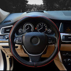 Steering Wheel Covers Universal 15 inch - Genuine Leather, Breathable, Anti Slip & Odor Free (Black with Red Lines, M(14" 1/2-15" 1/4))
