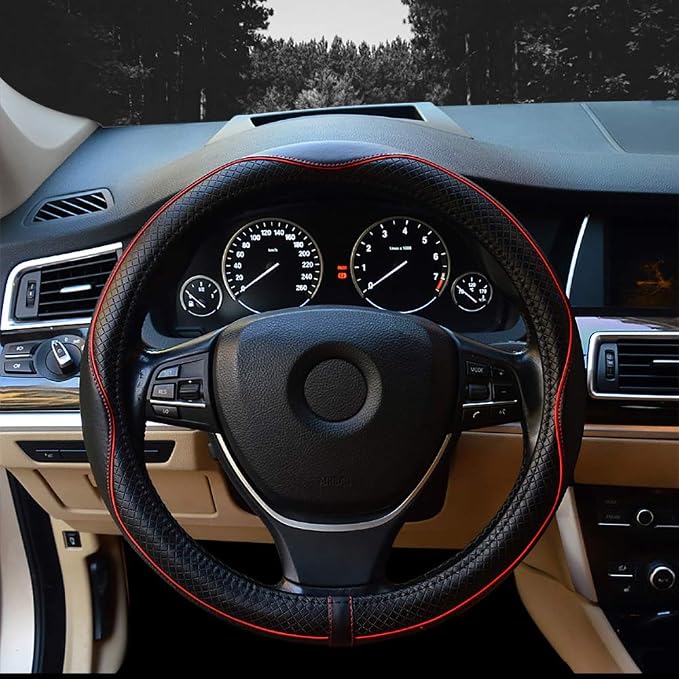 Steering Wheel Covers Universal 15 inch - Genuine Leather, Breathable, Anti Slip & Odor Free (Black with Red Lines, M(14" 1/2-15" 1/4))