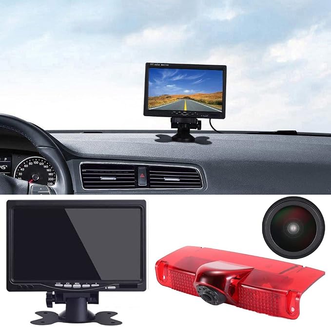 HD IP68 Third Roof Mount Brake Lamp Rear View Reverse Backup Camera Angle and Distance Adjustable Compatible with Chevrolet Express GMC Chevy Savana Exporer Cargo Van (Camera+7' Monitor)