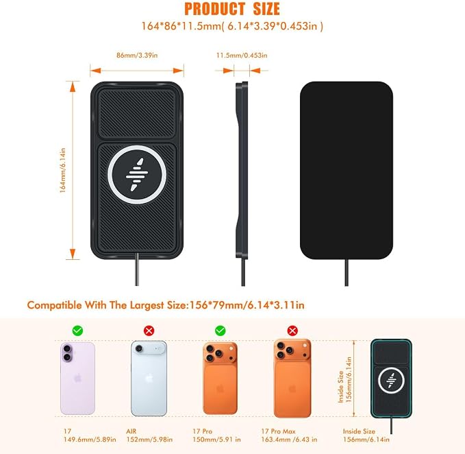 Pad for iPhone17/16/15/14/13/12, Non Slip Fast Wireless Charging Pad for Car Dashboard Console, Portable USB A Wireless Phone Charger for Vehicle Travel Office