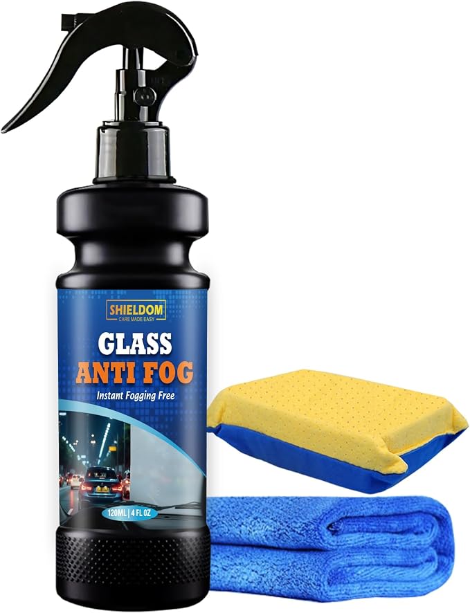Anti-Fog Spray for Glass Car Windshield Defogger Prevents Fogging of Interior Glass, Mirrors, Windows, Shower Door with Defogging & Cleaning Sponge, Towel 4oz/120ml